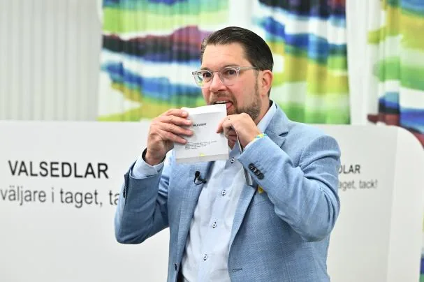 Far-right leader Jimmie Åkesson voting in Rinkeby, on the outskirts of Stockholm