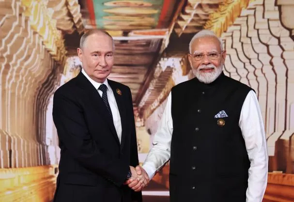 Russian President Vladimir Putin has been cultivating a personal relationship with Indian Prime Minister Narendra Modi for a dozen years. Photo from this Saturday at the New Delhi summit