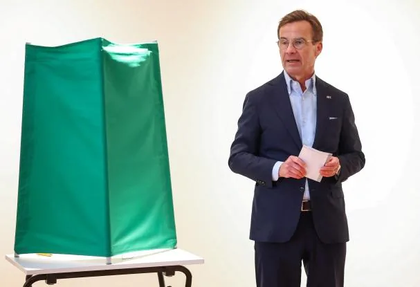 Conservative Prime Minister Ulf Kristersson voting in Strangnas